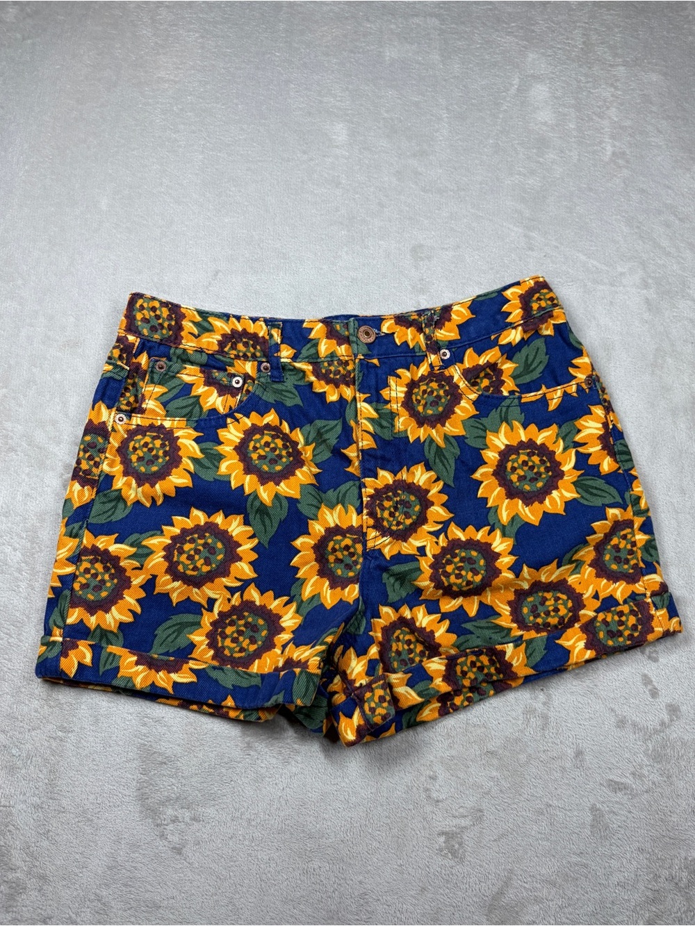 Forever 21 Sunflower Floral 100% Cotton Rolled Hem Zip Fly Denim Shorts Size 27